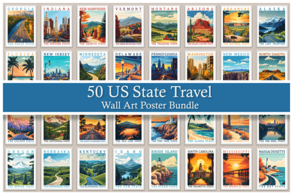 Download 50 US State Travel Wall Art Poster Set - Poster Collection