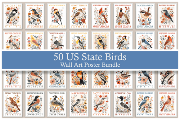 Download 50 US State Birds Wall Art Poster Bundle - Poster Collection